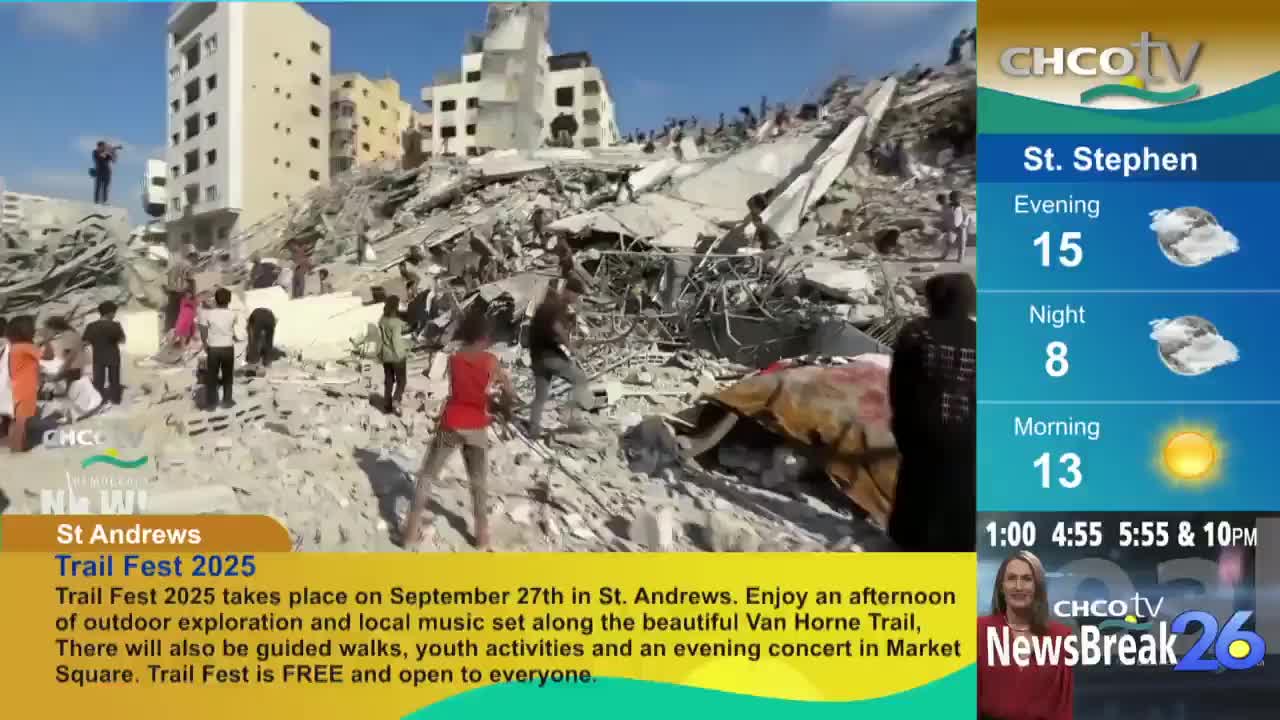 Debris litters the ground, and people are moving through it, some walking and others standing near the rubble. A CHCO-TV weather forecast for St. Stephen is displayed on the right side of the screen.
