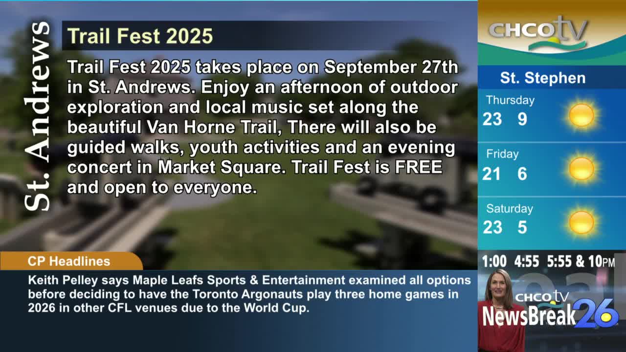 The CHCO-TV newsbreak includes a weather forecast for St. Stephen, with sunny skies predicted for the weekend.  A lower banner announces a Trail Fest in St. Andrews, scheduled for September 2025.
