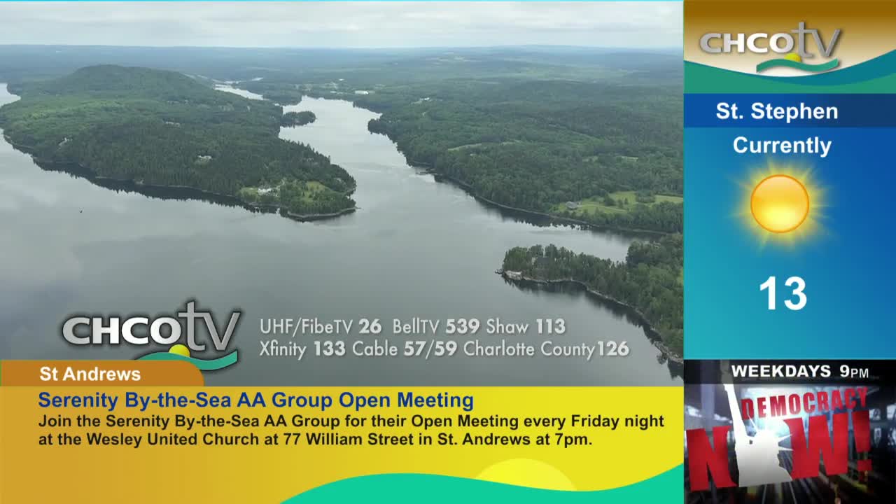 CHCO-TV is showing a serene aerial view of a waterway surrounded by lush green trees. The weather forecast for St. Stephen is sunny, with a temperature of 13 degrees.
