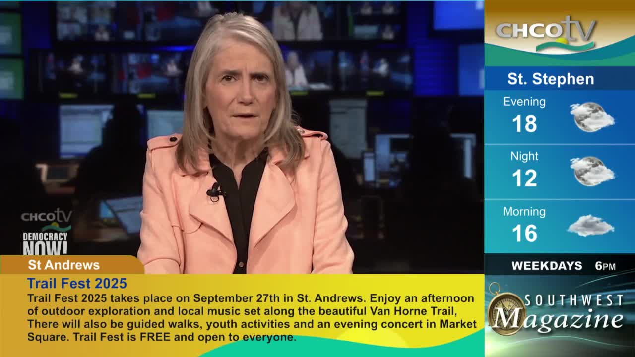 The CHCO-TV news anchor in a pink jacket is speaking, framed against a backdrop of monitors. A graphic below her announces the upcoming Trail Fest 2025 in St. Andrews, Canada.
