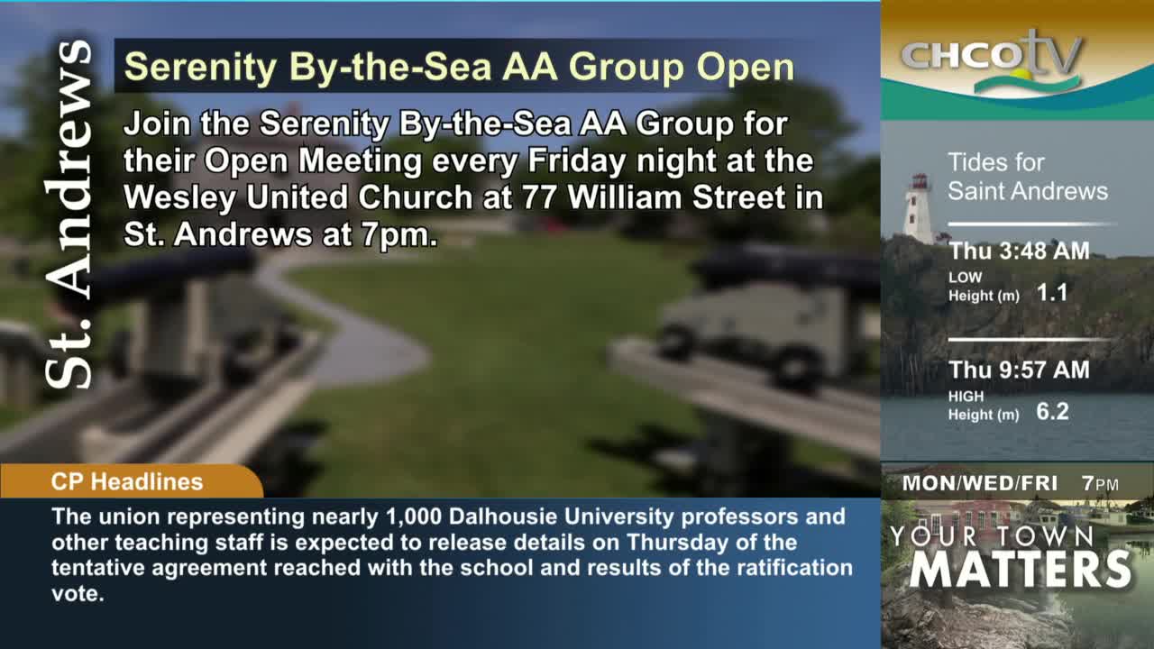 The CHCO-TV screen shows a blurred image of a vehicle and a sign for an AA group meeting in St. Andrews. Beside it, a lighthouse sits on a cliff, with tide times for the town displayed.
