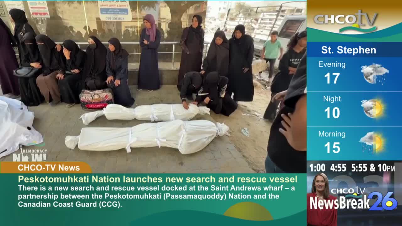 A group of women in black clothing are gathered near two shrouded figures on the ground. CHCO-TV's news segment about a search and rescue vessel in Canada is displayed on the right.

