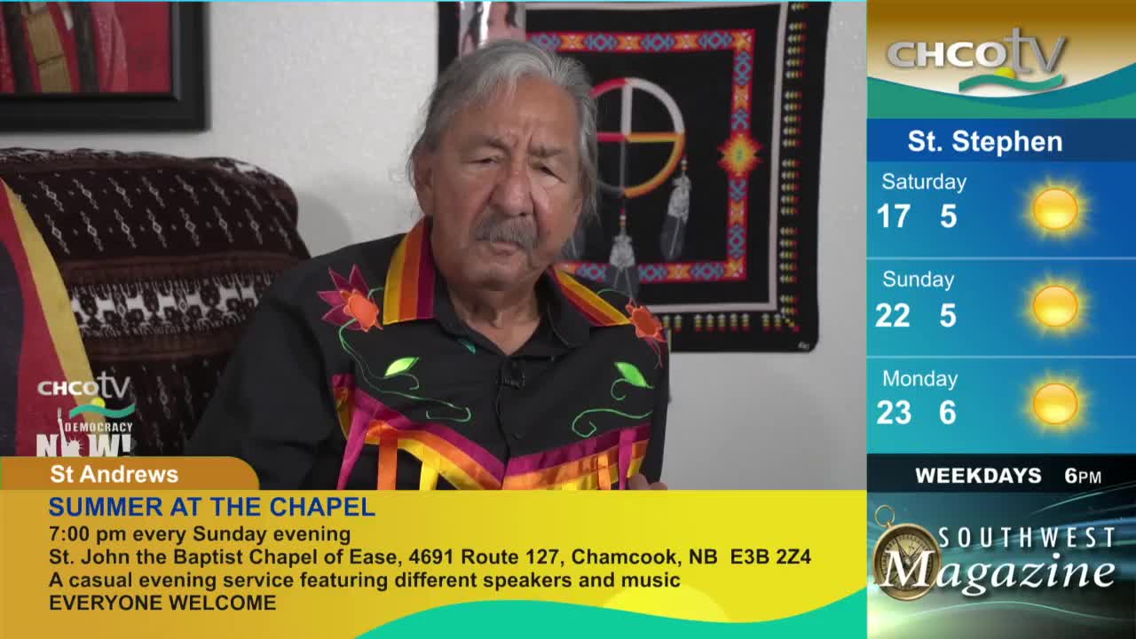 A man in a colorful shirt sits, looking directly at the camera. The CHCO-TV graphic in the corner shows the weather forecast for St. Stephen, New Brunswick.
