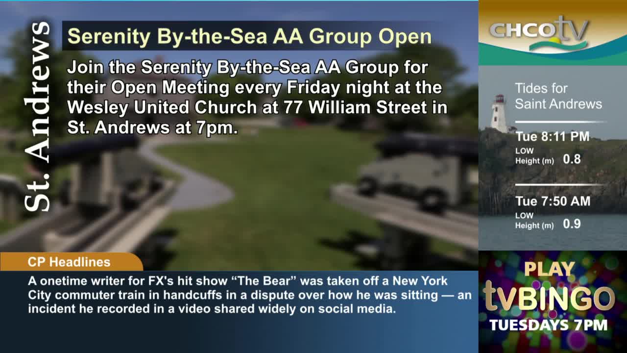 The CHCO-TV screen shows a blurred image of a vehicle and a lighthouse with tide information for Saint Andrews. Below, a news headline mentions a writer from "The Bear" being taken off a train.

