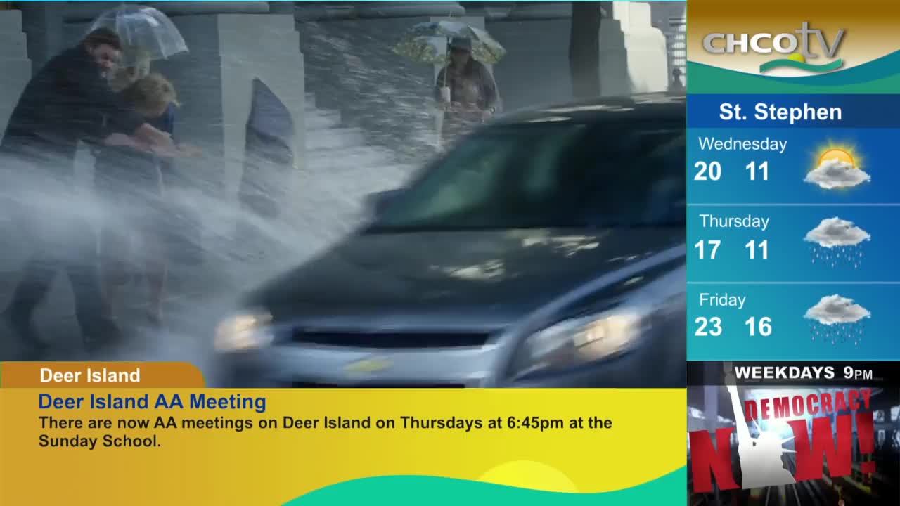 A car speeds through a puddle, sending a wall of water into the air. People huddle under umbrellas in the spray, as CHCO-TV's weather report for St. Stephen shows rain on the way.

