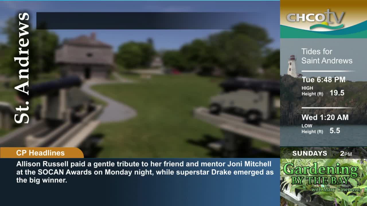 The image shows a historic site in St. Andrews, with cannons and a stone building in the background. CHCO-TV is providing the tides for Saint Andrews.
