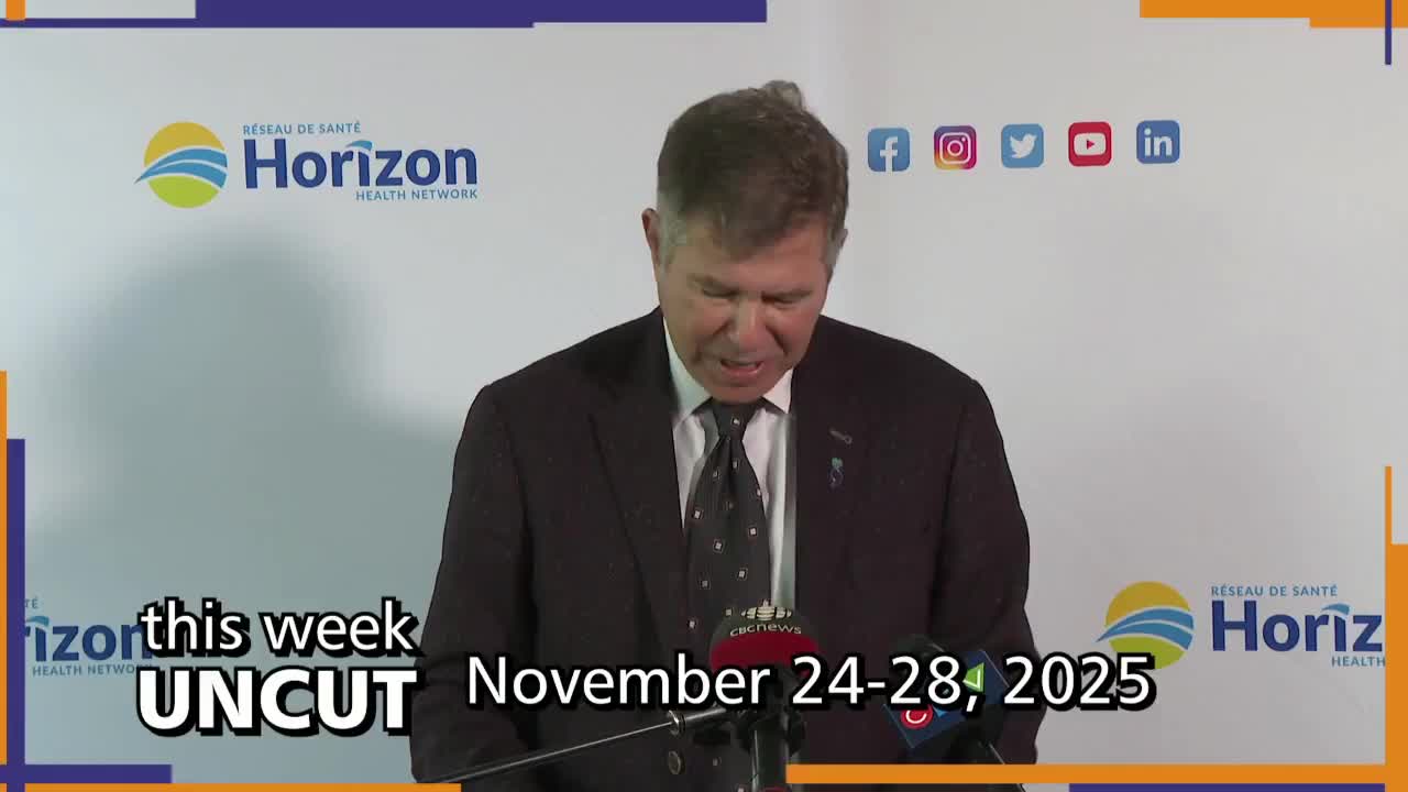 A man in a suit speaks into a microphone, with the CHCO-TV logo visible. Behind him, the Horizon Health Network logo is displayed, along with social media icons.

