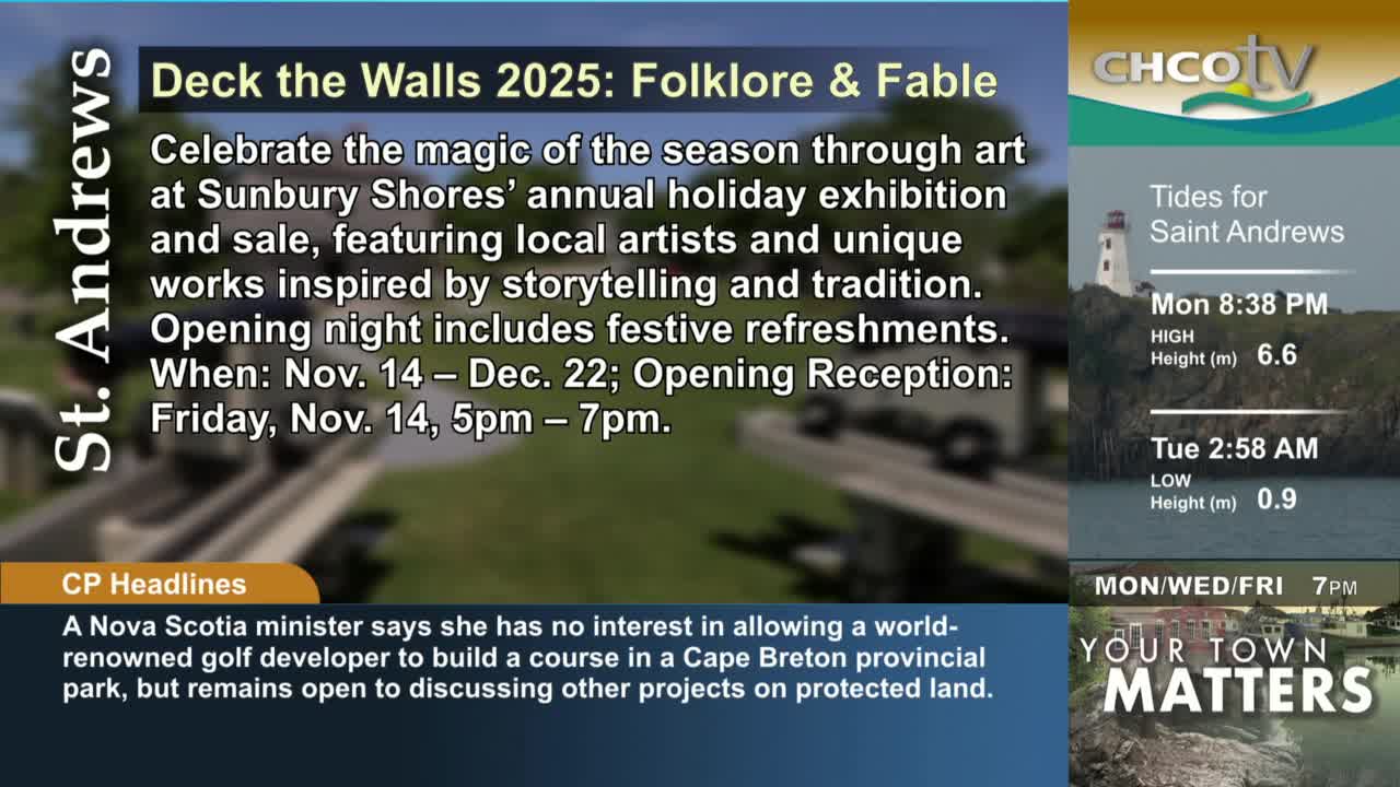 The CHCO-TV screen displays information about an art exhibition in St. Andrews, with tide times and a news headline below. A blurred image of a building and some greenery is in the background.
