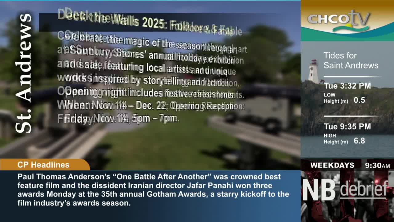 The CHCO-TV logo sits in the top right, and the broadcast shows information about tides in Saint Andrews.  A news ticker at the bottom scrolls through headlines about a film award.

