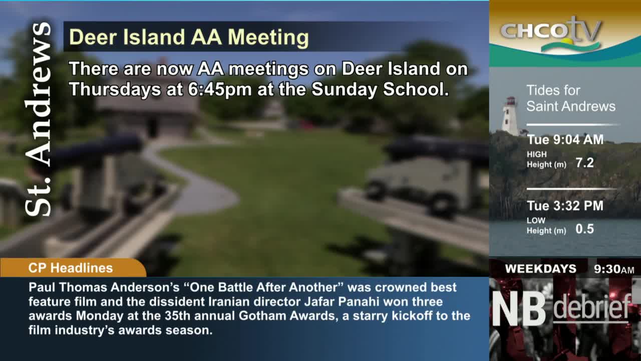 The CHCO-TV screen shows a blurred video of a building and a vehicle on Deer Island.  Information about AA meetings and the tides in Saint Andrews, New Brunswick, are displayed alongside CP headlines.
