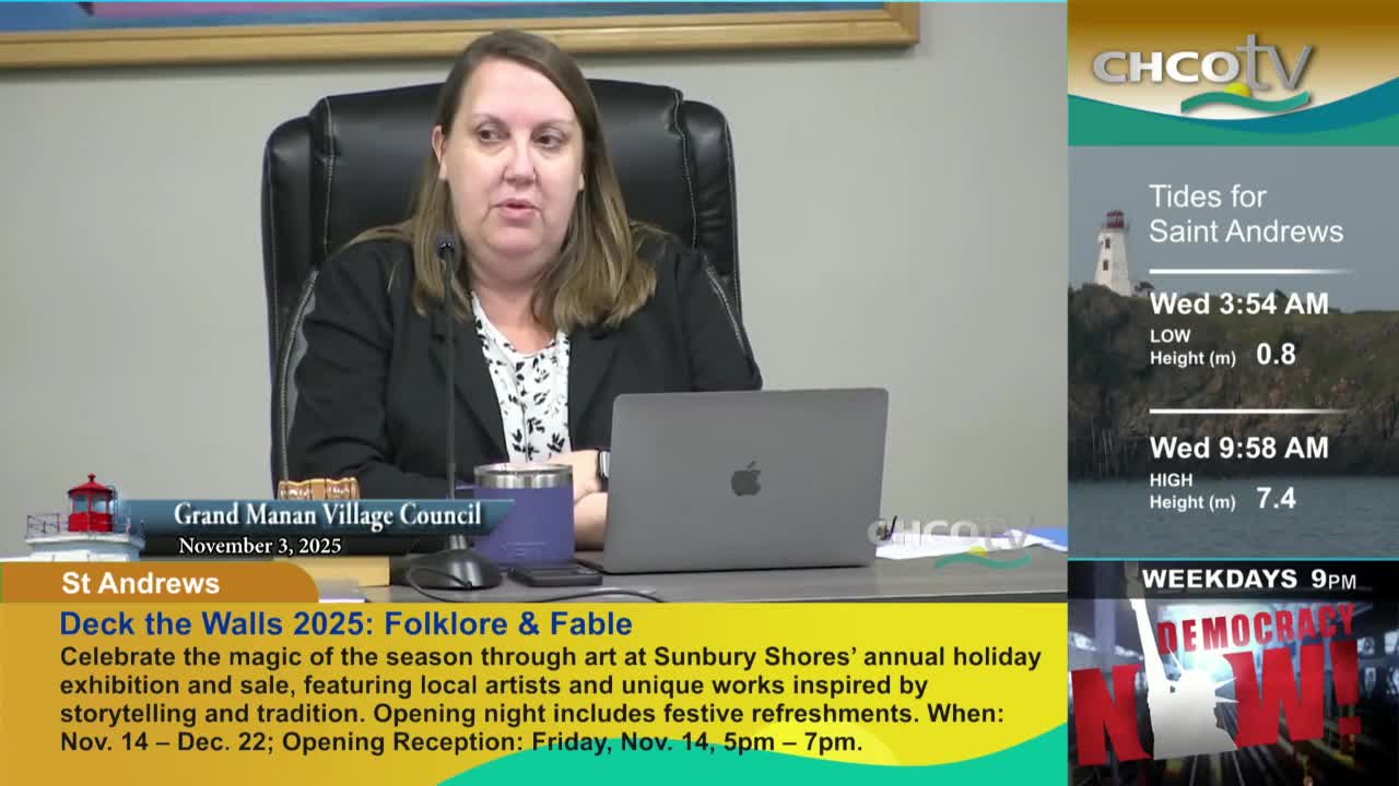 A woman in a blazer speaks, framed by a laptop and a CHCO-TV graphic about tides for Saint Andrews. Below, a banner advertises a local art exhibition in St. Andrews.
