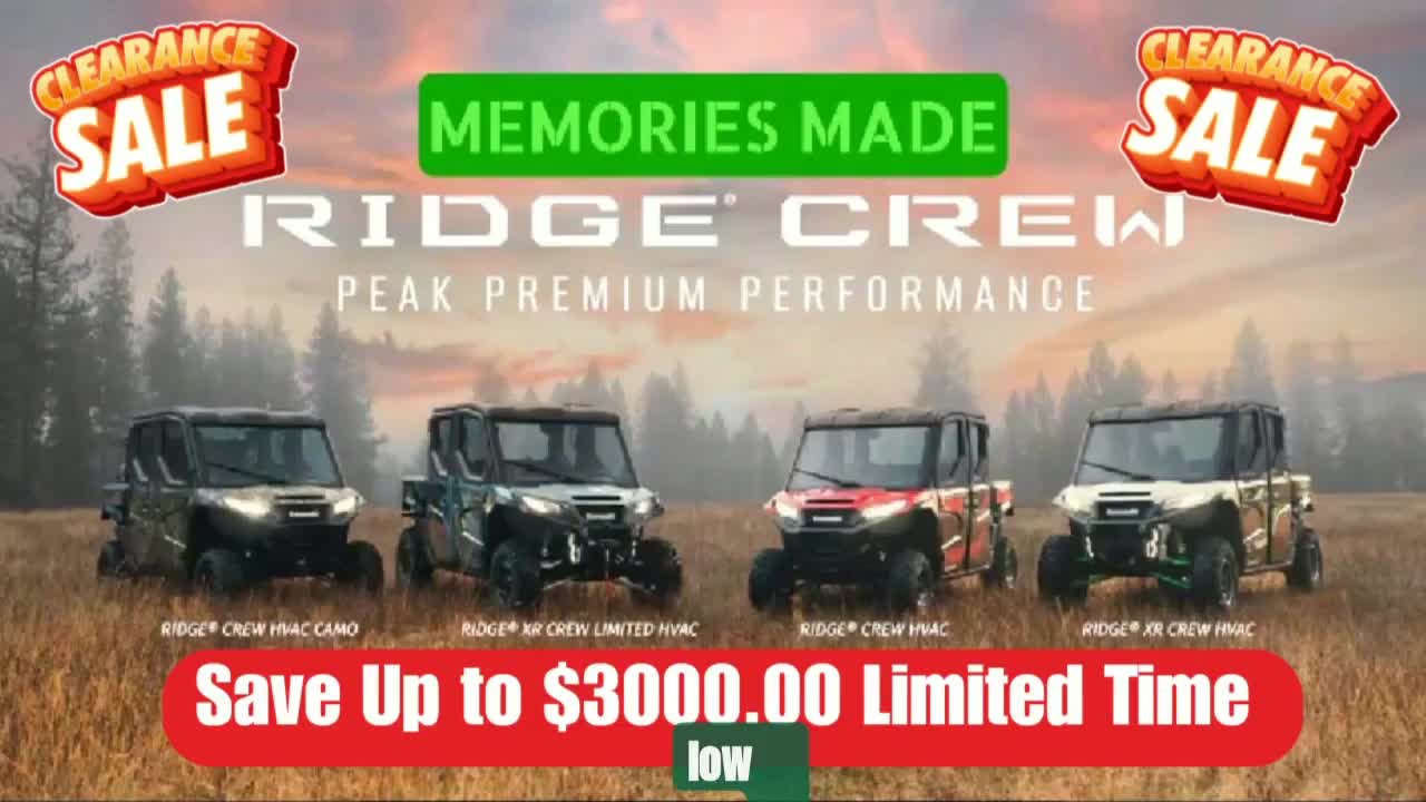 Four side-by-side utility vehicles are parked in a field, with the words "CLEARANCE SALE" and "MEMORIES MADE" displayed above them. A red banner below advertises savings of up to $3000.00.
