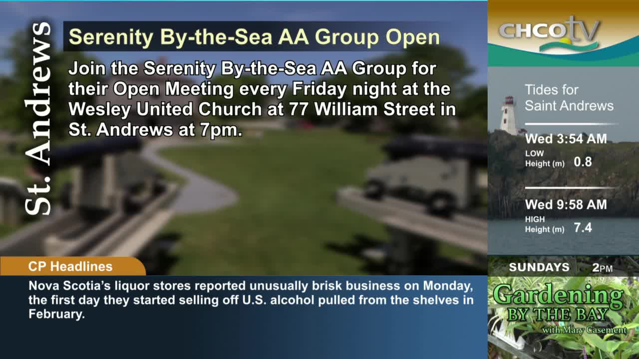 The CHCO-TV screen displays information about an AA meeting in St. Andrews and the tides. Below, a headline mentions brisk liquor sales in Nova Scotia.
