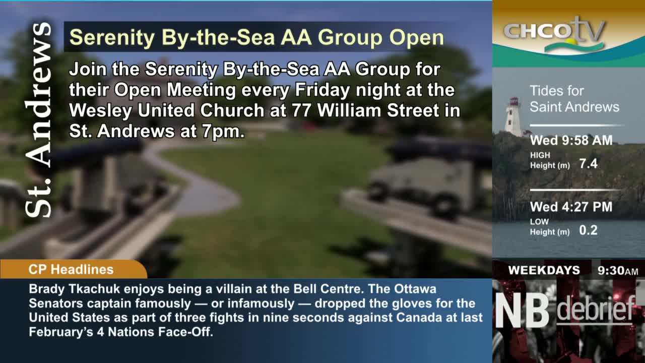 The CHCO-TV screen shows information about an AA group meeting in St. Andrews, alongside tide times and a news headline about a hockey fight. A lighthouse image is visible, and the "NB debrief" segment is starting soon.
