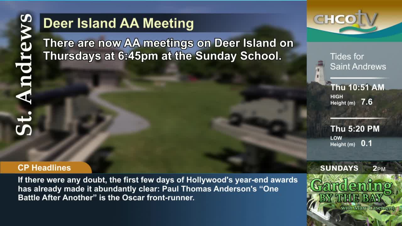The CHCO-TV logo sits in the top right, while the screen displays tides for Saint Andrews. A headline below notes AA meetings on Deer Island, with a CP headline about the Oscars at the bottom.
