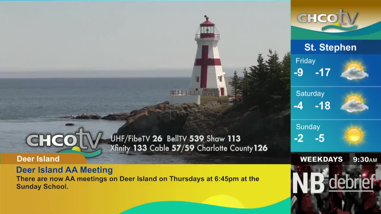 A lighthouse with a red cross stands on a rocky shore, the waves of the sea lapping below. CHCO-TV is showing the weather forecast for St. Stephen, New Brunswick.
