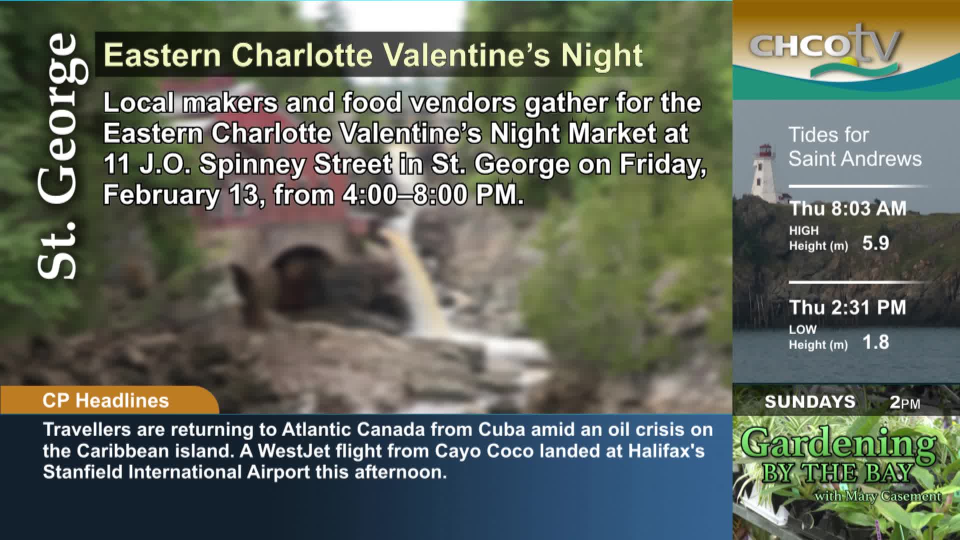 A waterfall cascades over rocks in a wooded area. On the right, a lighthouse stands on a cliff overlooking the sea.