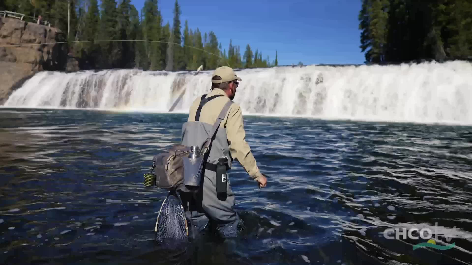 A man in waders steps into the dark, rippling water, a fishing net hanging from his back. Behind him, a wide waterfall crashes down against a backdrop of evergreen trees under a bright blue sky.