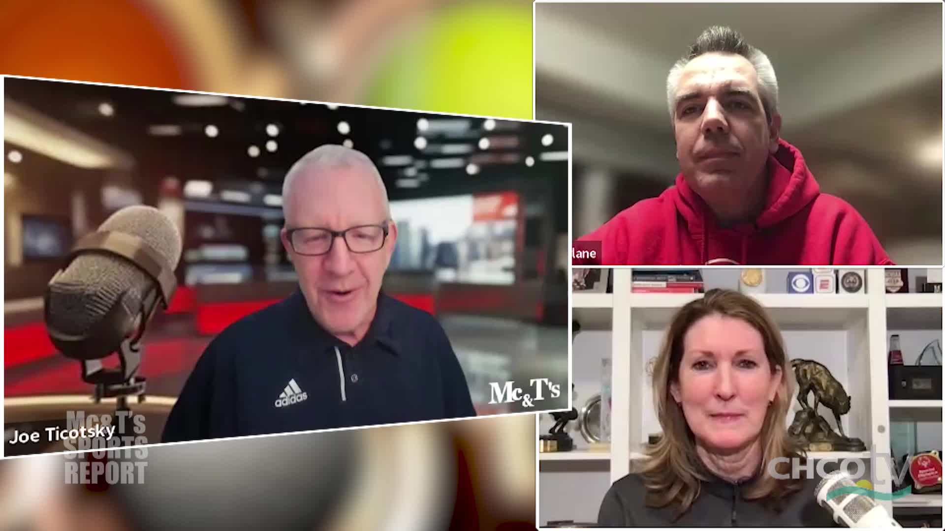 Joe Ticottsky is speaking into a microphone in a studio, while a man in a red hoodie and a woman are on screen in separate video feeds. The CHCO-TV logo is visible in the corner of the woman's feed.