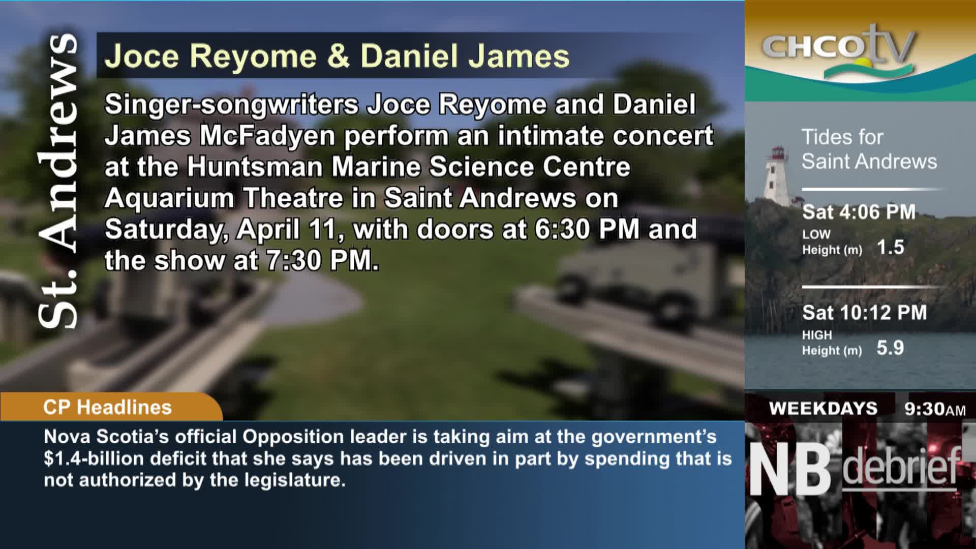 A van drives past a building with a lighthouse in the background. CHCO-TV is displaying upcoming tides for Saint Andrews.