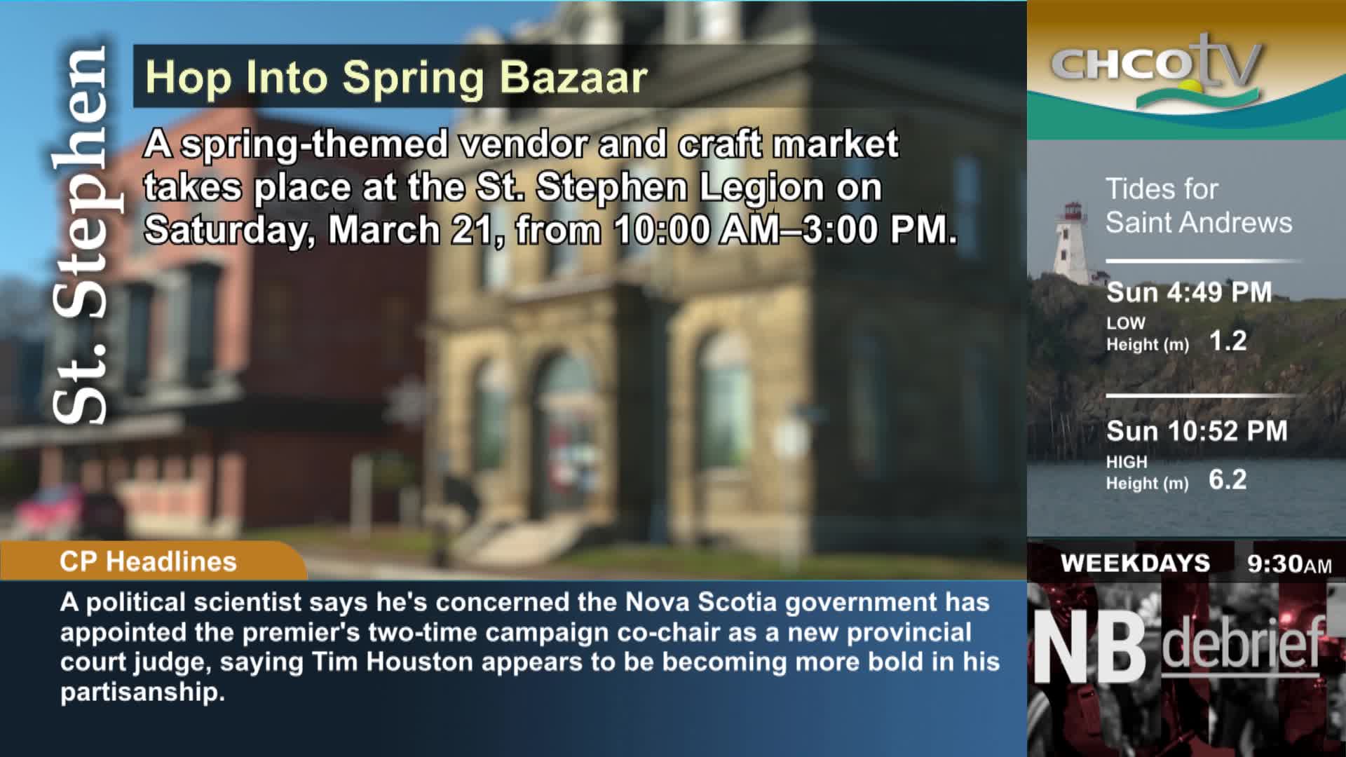The CHCO-TV screen displays a spring bazaar announcement for St. Stephen, along with tide information for Saint Andrews and a news headline about Nova Scotia.