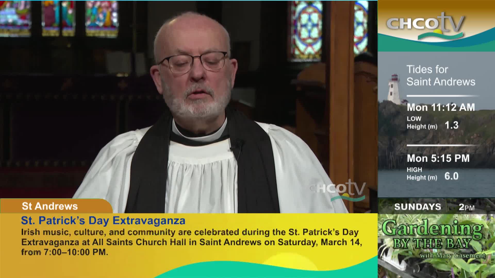 A man in clerical attire speaks directly to the camera. On the right, a CHCO-TV graphic displays tide information for Saint Andrews, New Brunswick.