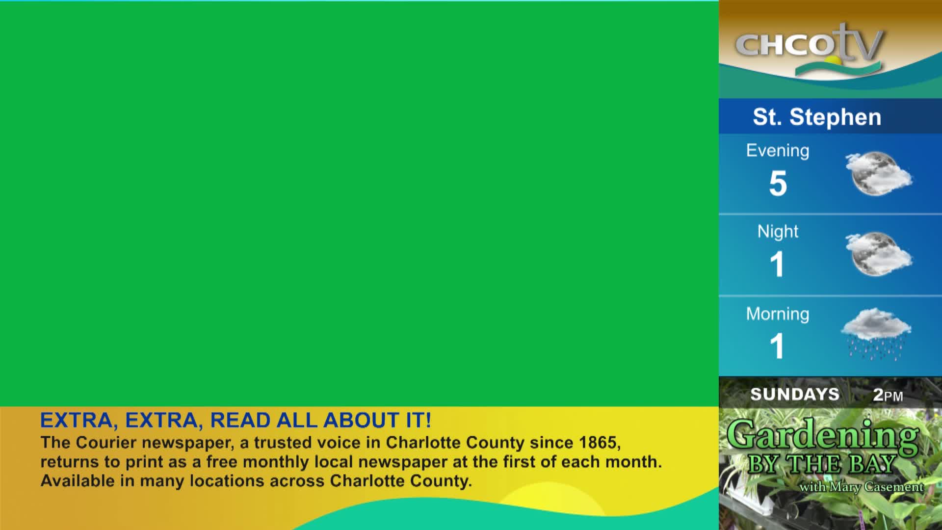 The CHCO-TV weather forecast for St. Stephen shows a cool evening and night, with rain expected by morning. A bright yellow banner below announces "EXTRA, EXTRA, READ ALL ABOUT IT!" promoting The Courier newspaper.