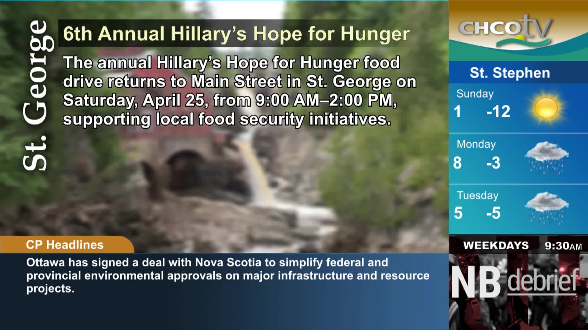 Water cascades down a rocky slope, a powerful flow against the green foliage. CHCO-TV displays a forecast for St. Stephen with sunny skies and cold temperatures.