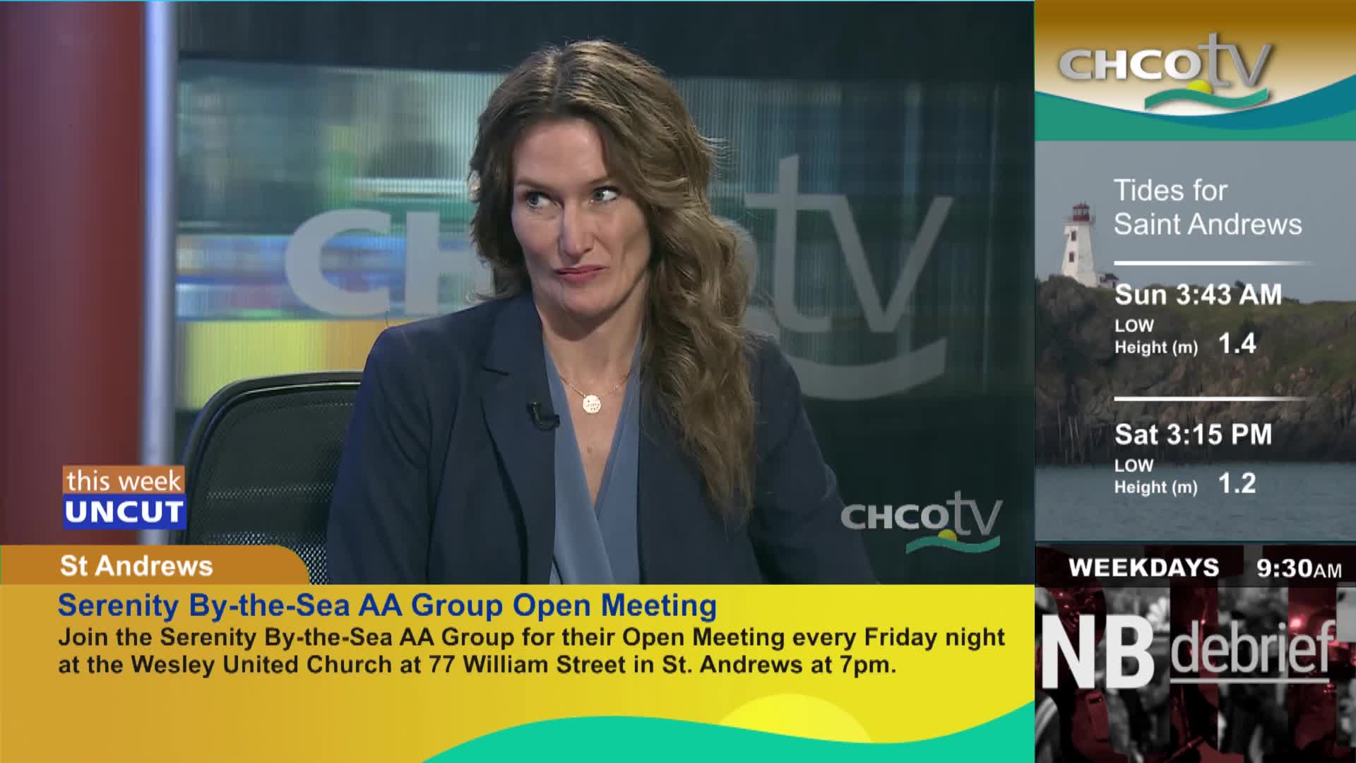 A woman in a dark suit sits in front of a CHCO-TV logo, her gaze slightly off-camera. To her right, a segment displays tidal information for Saint Andrews, New Brunswick, alongside a lighthouse image.