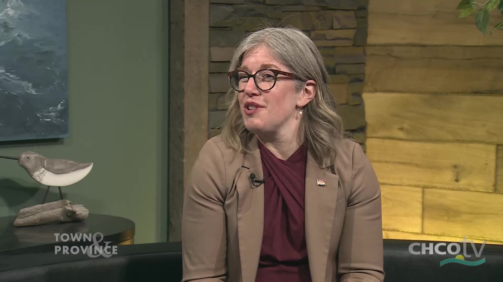 A woman with glasses speaks animatedly on a set for CHCO-TV. A decorative bird sits on a table to her left.