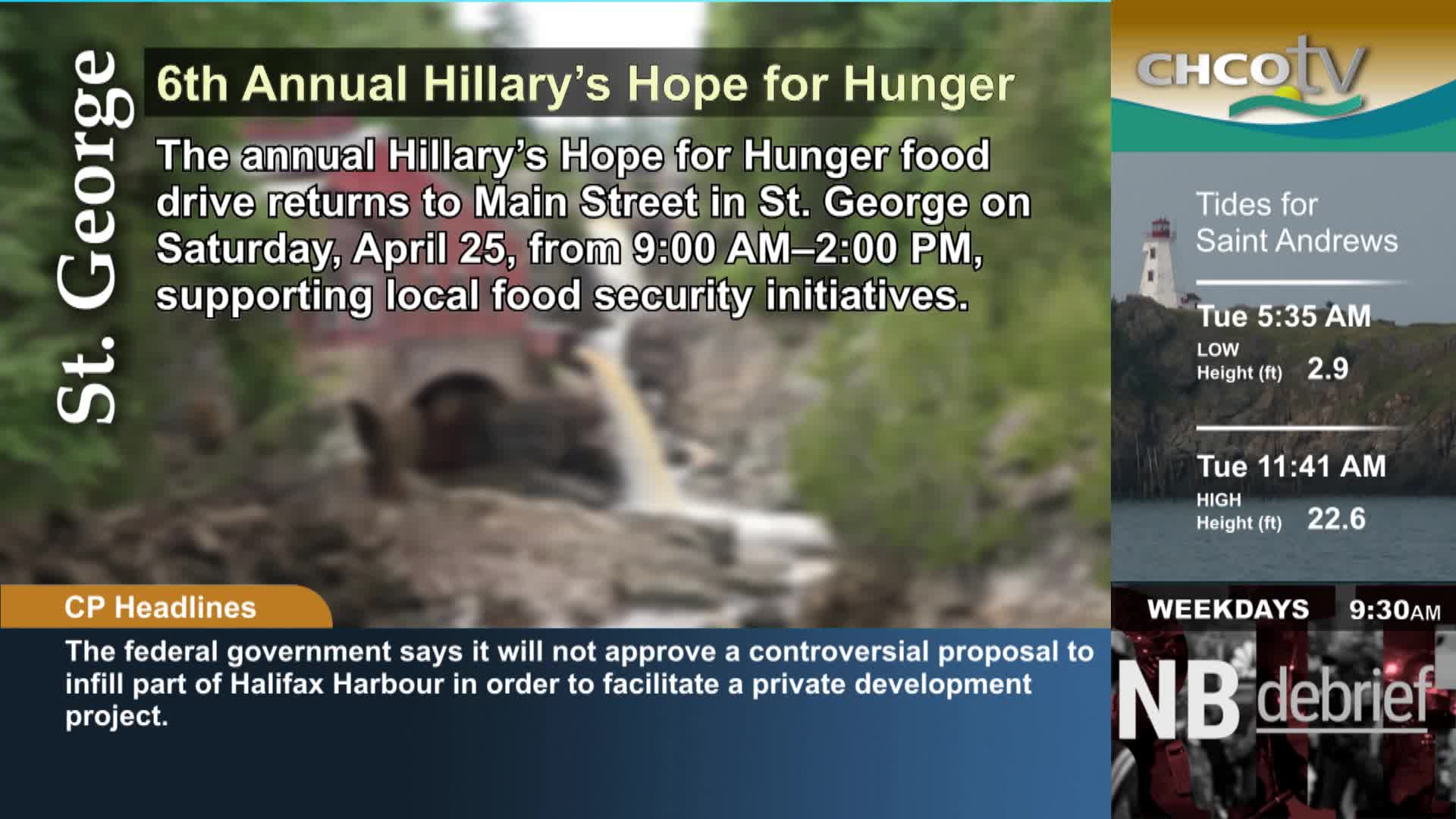 A waterfall cascades down rocks into a pool. On the right, a lighthouse stands on a cliff overlooking the sea. Below, a news ticker scrolls with headlines.