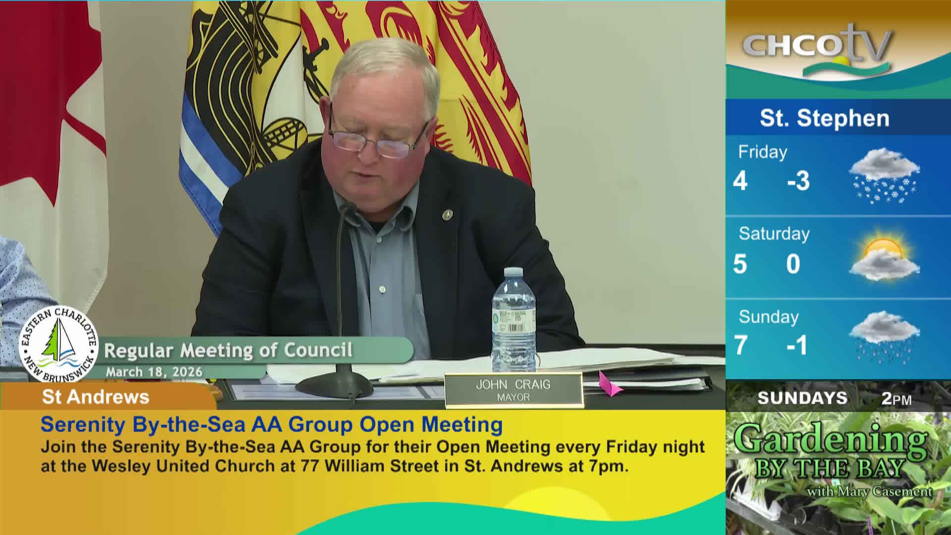 The mayor is speaking at a council meeting in St. Andrews, New Brunswick. A weather forecast for St. Stephen is displayed on the right side of the screen. The mayor is speaking at a council meeting in St. Andrews, New Brunswick. A weather forecast for St. Stephen is displayed on the right side of the screen.