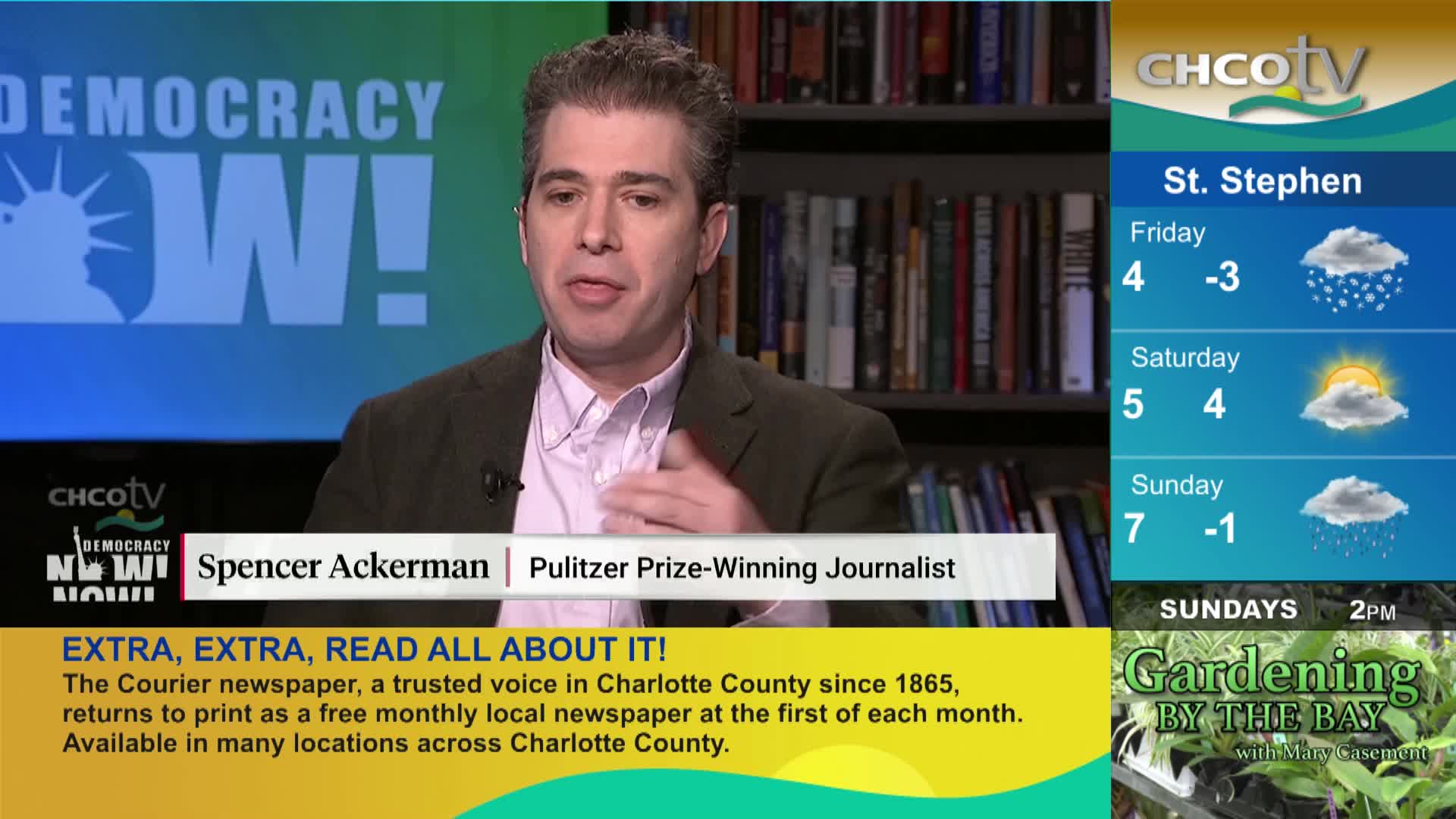 A man with short, graying hair speaks with his hands animated, a CHCO-TV logo visible behind him. To the right, a weather forecast for St. Stephen shows temperatures dipping below freezing. A man with short, graying hair speaks with his hands animated, a CHCO-TV logo visible behind him. To the right, a weather forecast for St. Stephen shows temperatures dipping below freezing.