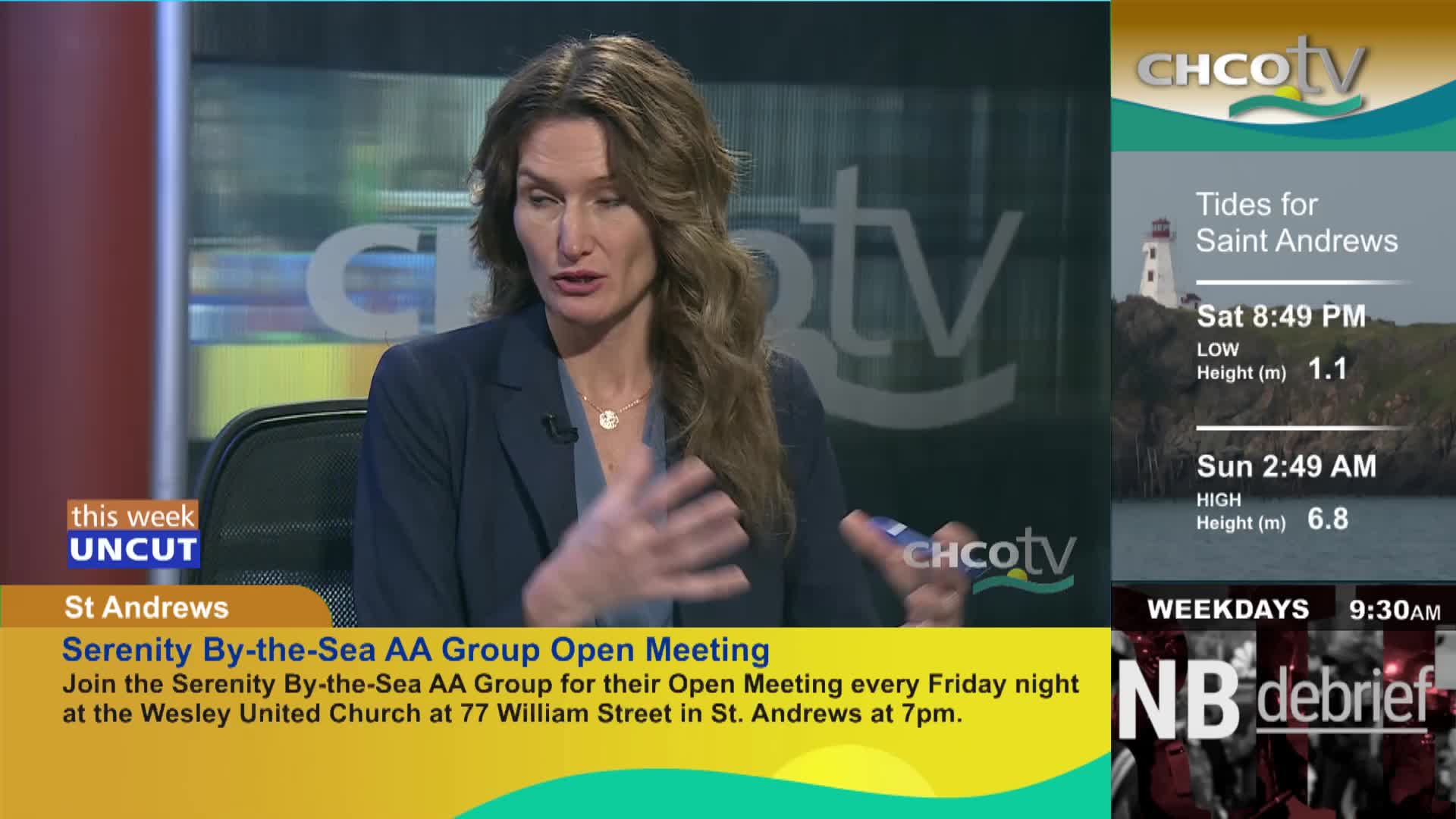 A woman speaks animatedly, her hands gesturing as she talks. On the right, a lighthouse stands against a dark sky, with tide times for Saint Andrews displayed below. A woman speaks animatedly, her hands gesturing as she talks. On the right, a lighthouse stands against a dark sky, with tide times for Saint Andrews displayed below.