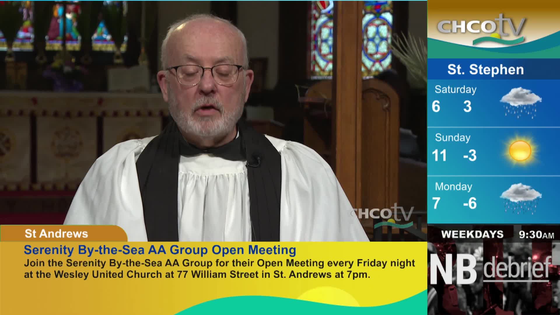 A man in a white robe and black stole speaks from what appears to be a church. A weather forecast for St. Stephen shows rain for Saturday and Sunday, with snow on Monday.