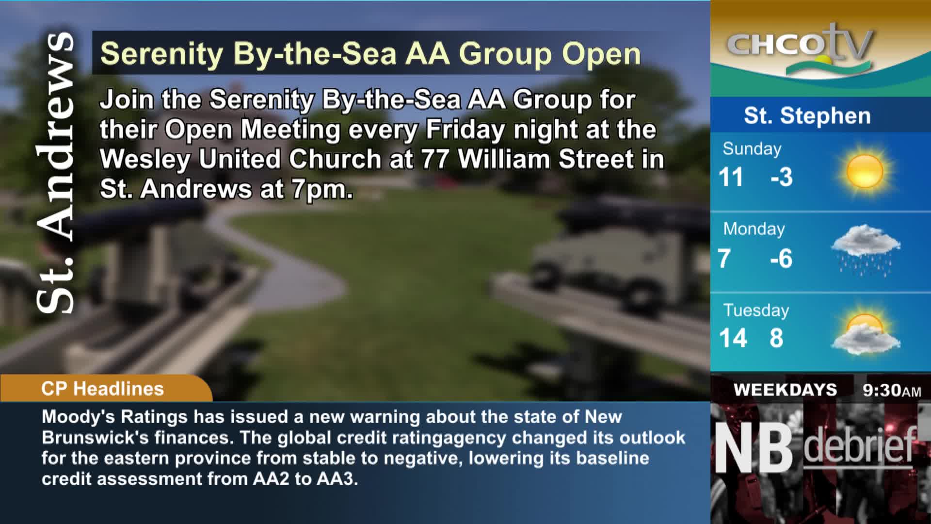 The CHCO-TV broadcast displays a weather forecast for St. Stephen, showing sun and rain for the upcoming days. A news ticker scrolls across the bottom, reporting on New Brunswick's financial outlook.