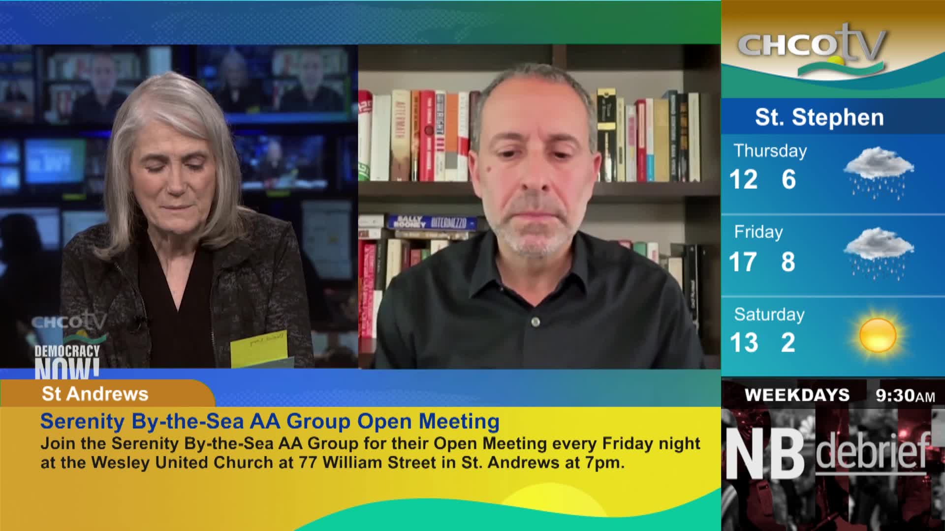 A woman with grey hair looks down at a yellow note, while a man with a black shirt stares ahead. On the right, the CHCOtv weather forecast shows rain for Thursday and Friday in St. Stephen, with sunshine on Saturday.