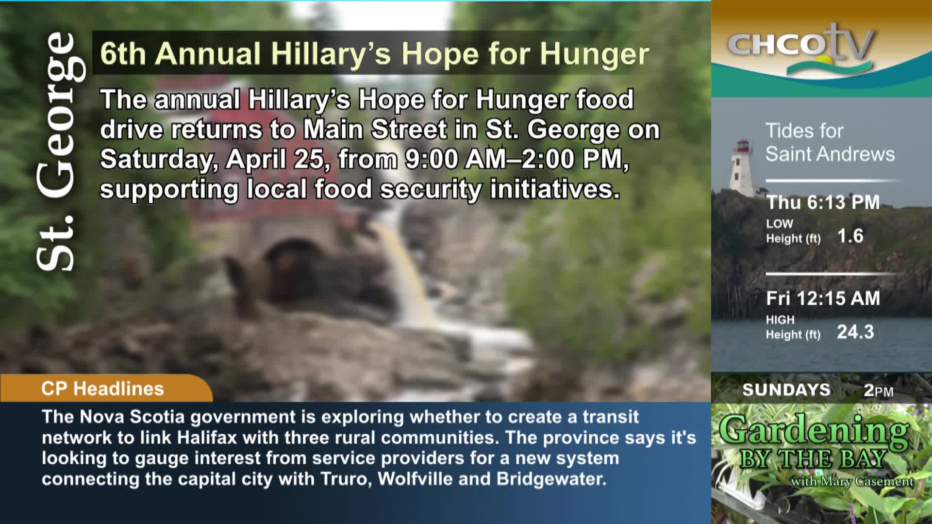 A waterfall cascades down rocks in St. George, a familiar sight for CHCO-TV viewers. The Nova Scotia government is looking into a new transit network.