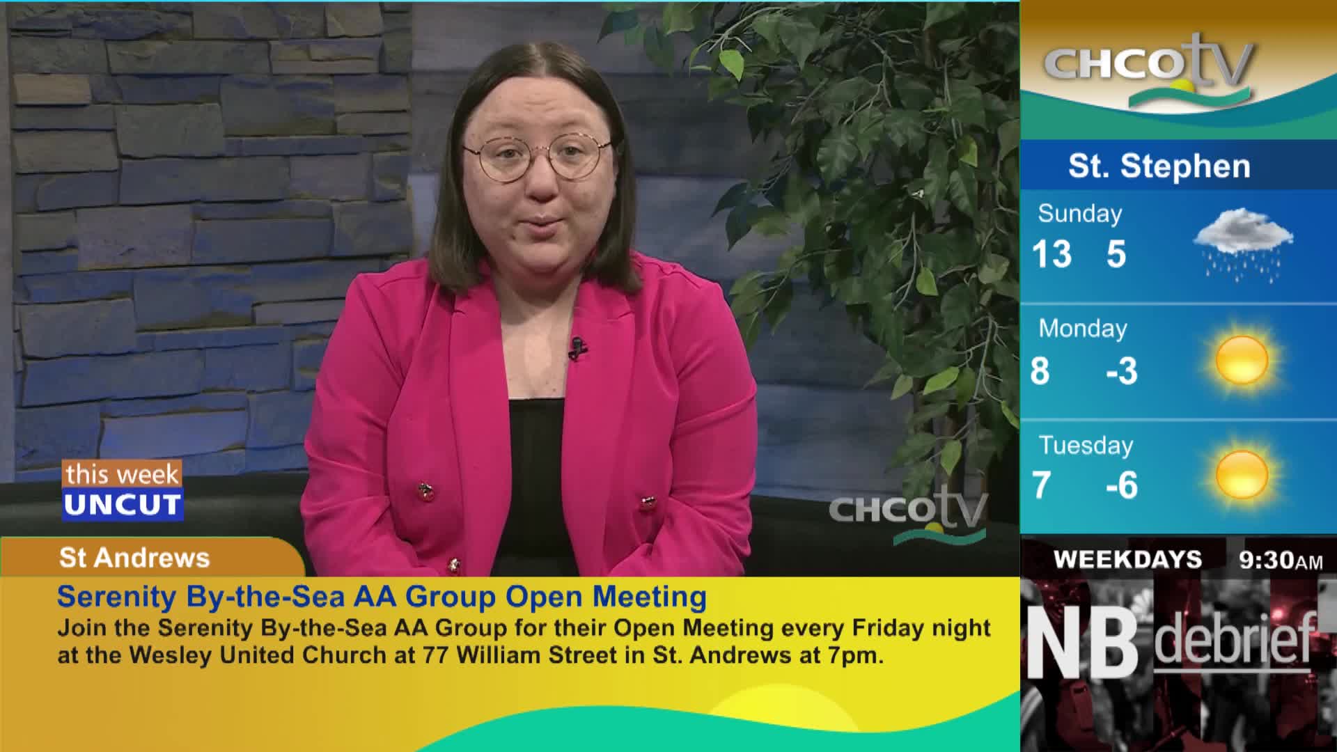 A woman in a bright pink blazer speaks directly to me. To my right, CHCO-TV displays weather forecasts for St. Stephen.