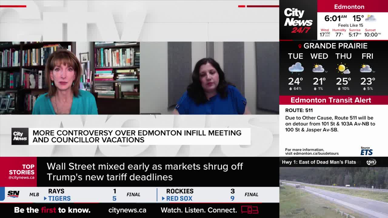 Two women are on screen, discussing a CityNews story about Edmonton infill meetings and councillor vacations. The broadcast includes a weather forecast and a transit alert for Route 511.
