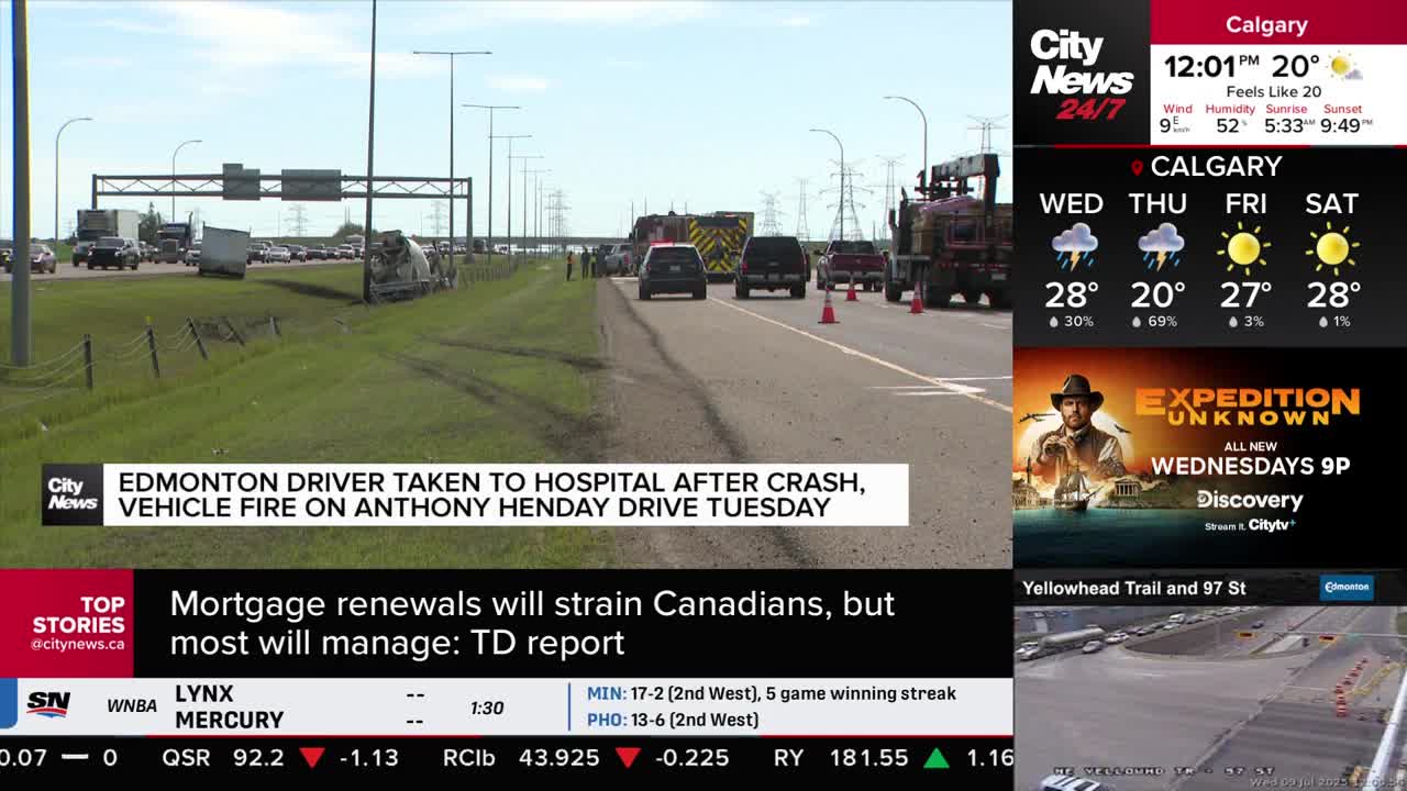 Traffic is slowed on Anthony Henday Drive, with emergency vehicles and a tow truck positioned near a damaged vehicle. The CityNews Calgary headline reports an Edmonton driver was taken to the hospital after a crash.
