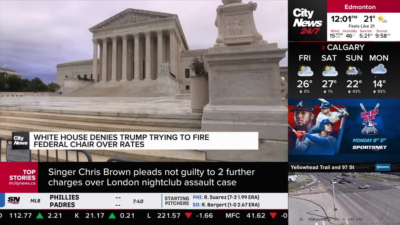 The imposing stone facade of a building dominates the screen, with a news ticker from CityNews Calgary running along the bottom. The weather forecast for the city is visible, along with a live feed from a camera.
