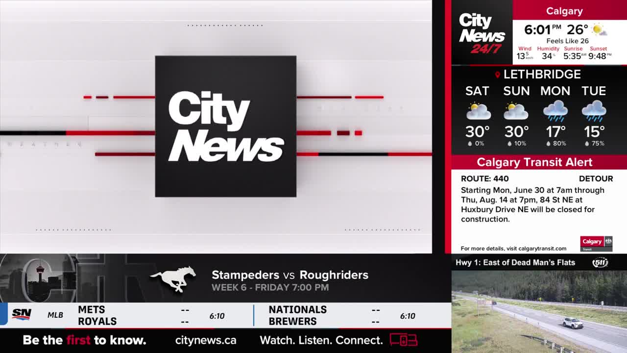 The CityNews logo in white letters sits on a black square, with red and black lines extending across the screen. To the right, a weather report for Calgary and Lethbridge, along with a transit alert, is displayed.
