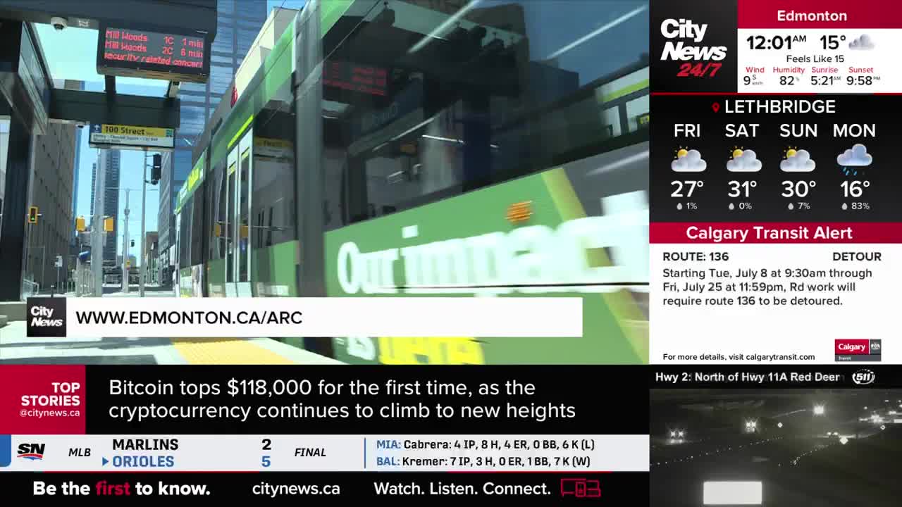A green and white train is moving along the tracks, reflecting the sunlight. The CityNews Calgary graphic displays a transit alert for Route 136, with a detour notice.

