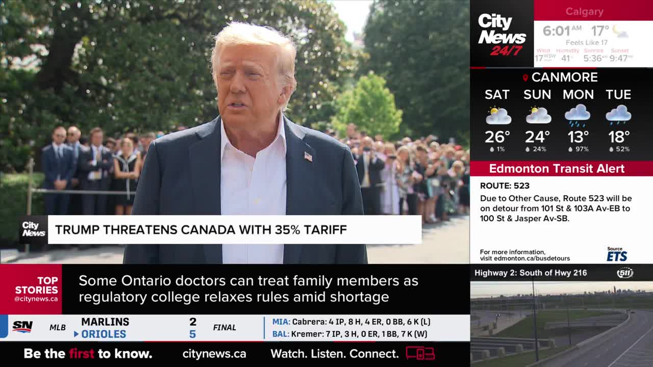 Donald Trump, in a dark suit and white shirt, speaks to a crowd while a CityNews Calgary graphic announces a tariff threat against Canada. The weather report shows a partly cloudy day in Canmore.
