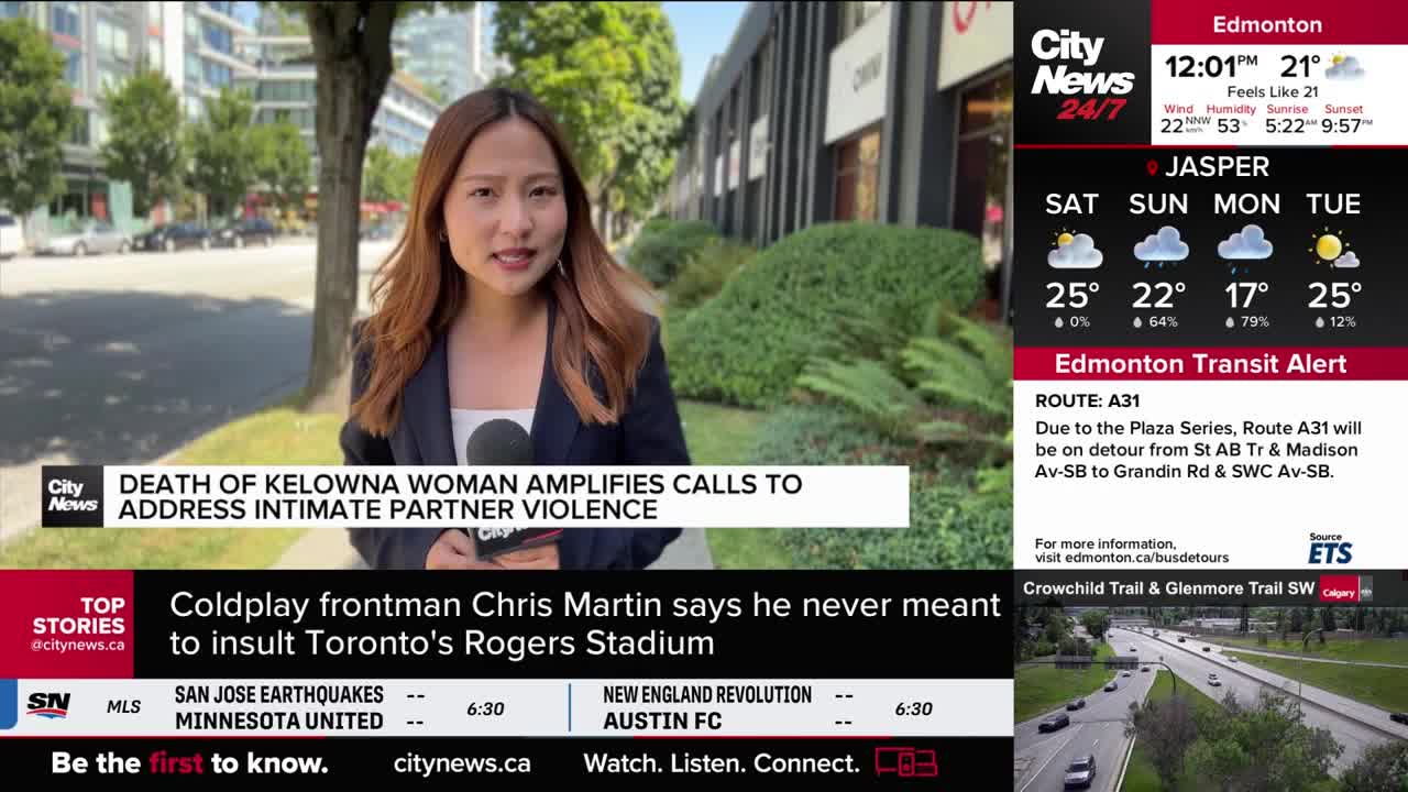 A CityNews reporter stands outside, speaking into a microphone. The backdrop includes a building and some greenery, with a news ticker scrolling across the bottom of the screen.
