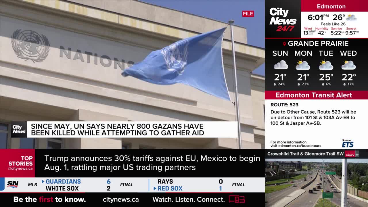 A blue United Nations flag flutters in the wind against a bright sky, the word "NATIONS" visible on the building behind it. The CityNews Calgary broadcast displays a headline about Gazans and aid.
