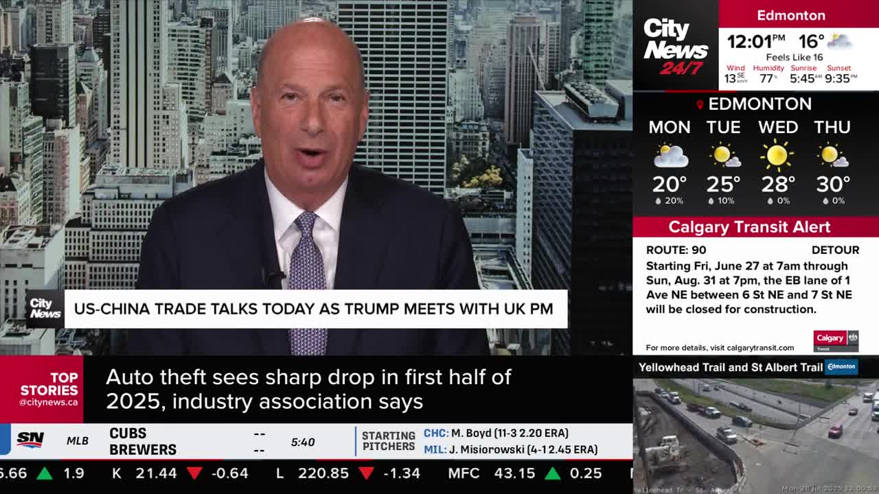 A news anchor in a dark suit and tie is speaking directly to the camera, with a cityscape backdrop. Information from CityNews Calgary, including weather and transit alerts, fills the screen's right side.
