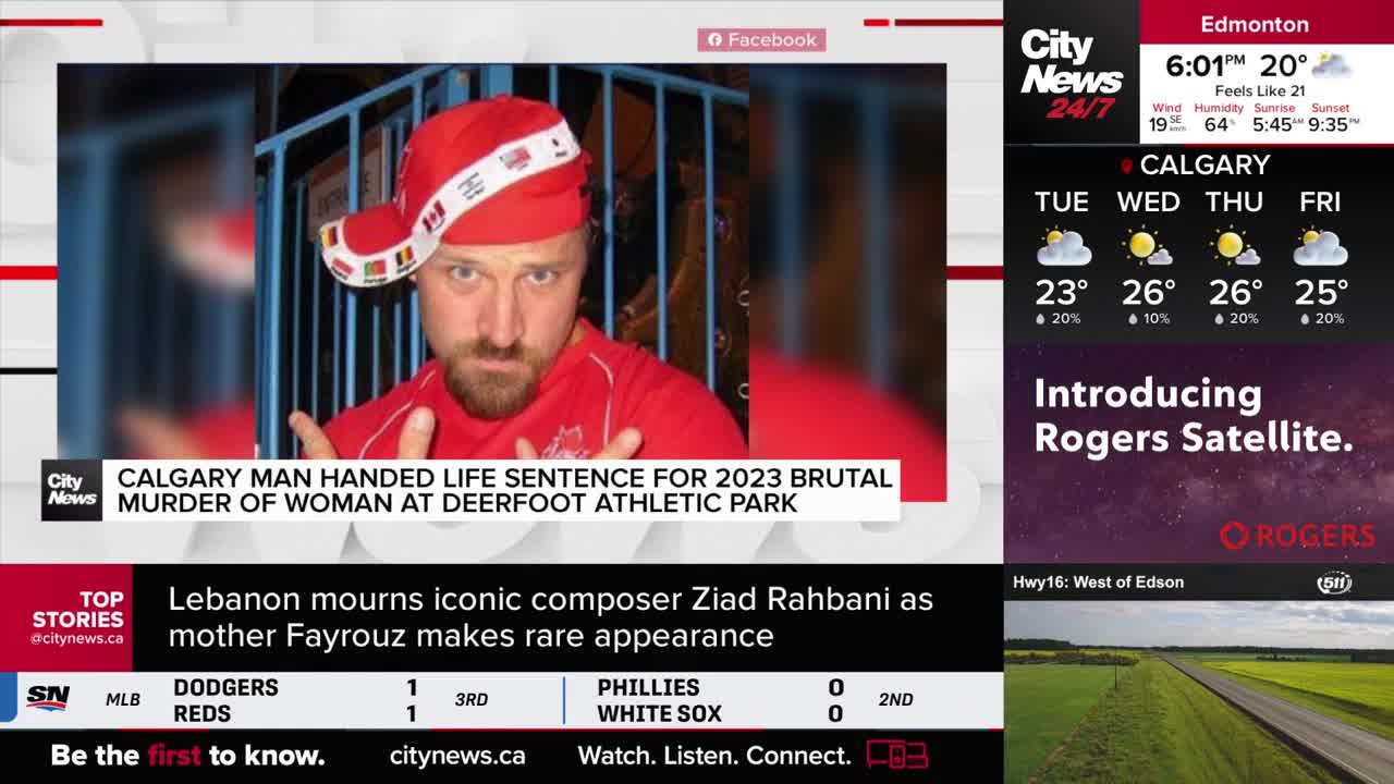 A man in a red shirt and hat stares directly at the camera, his image displayed on CityNews Calgary. The broadcast also shows the weather forecast and a headline about a life sentence.
