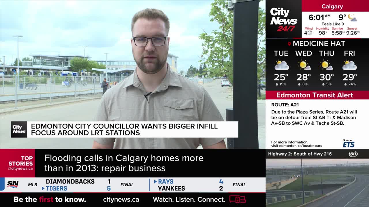 A man in glasses speaks, likely for CityNews Calgary, with a modern transit station visible behind him. The screen displays weather and transit alerts for Edmonton, while a headline discusses infill around LRT stations.
